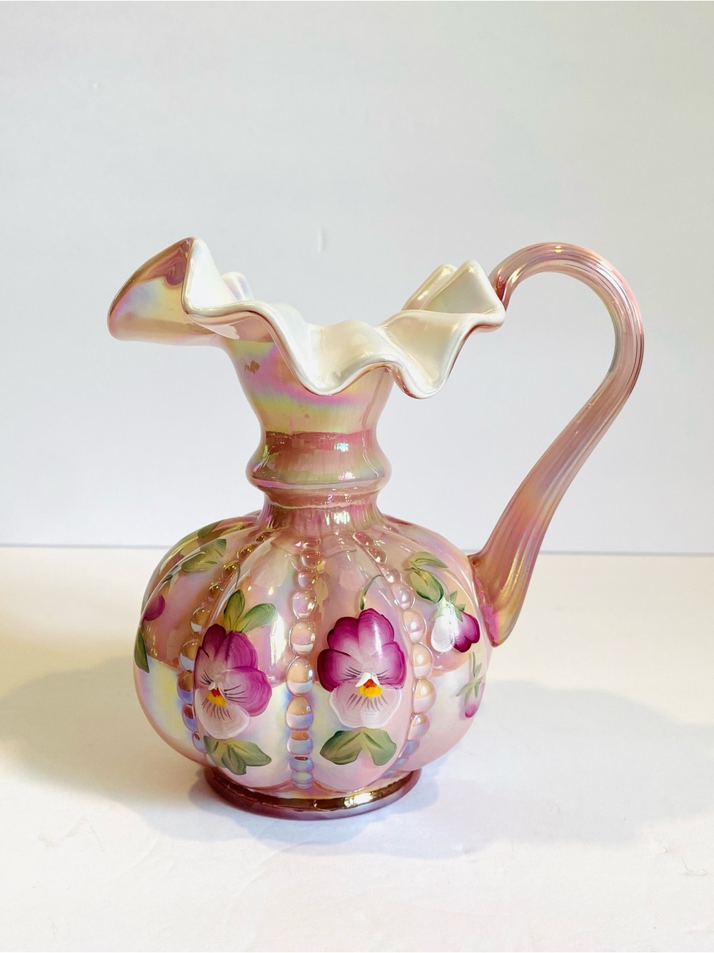 Fenton Art Glass Beaded Melon Iridescent Dusty Rose Picture Artist Signed
